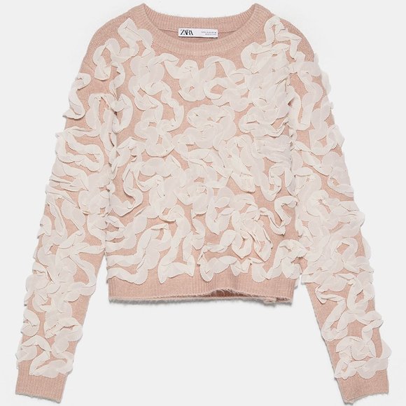 Zara Sweaters - ZARA RIBBON ORGANZA CHIFFON DUSTY PINK KNIT CONTRASTING TRIM SWEATER $69.90